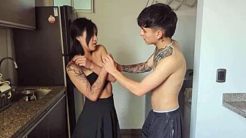 Colombian Model with Tattoos and Muscular Body Sucks Cock from Tall Skinny Brunette