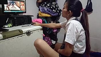 hey, this peruvian babe sneaks in and ends learning session with wet pussy oral fun