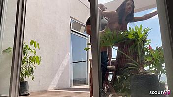 Whoa, this tanned Latina model with perfect body and long nipples does risky no-condom balcony fuck with tourist!