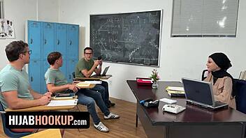 Seducing my teacher wasn't easy but my cock got that shaved Arab pussy in classroom riding 💦