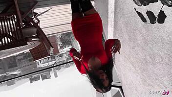 Whoa, this tanned Latina model with perfect body and long nipples does risky no-condom balcony fuck with tourist!