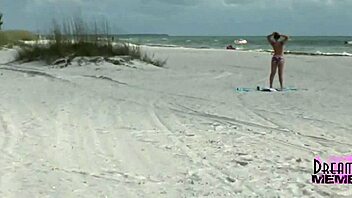 two wild party girls hit the florida beach in bikinis for a tanned shower adventure