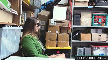 uh, this mall guard is catching and punishing a curvy young shoplifter in the office...