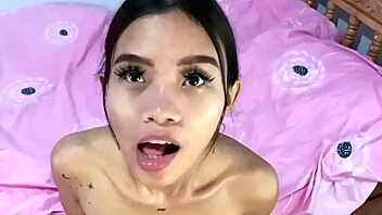 This white cock tests out her tight shaved pussy in the bedroom with deepthroat blowjob and cowgirl riding for the first time