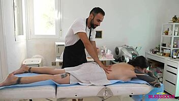 Oh wow, this busty married milf teacher gets a huge massage from monster cock in shaved pussy!