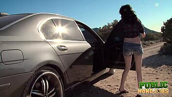 Hey, check out Ashton Haze giving a wild public handjob in the desert with ball licking!