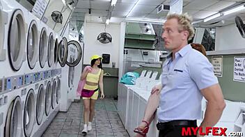 Swinger couple seduces small girl in laundry