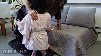 Hey, check out this girl in the pink kimono using her toy while getting fucked - she makes the cutest noises!