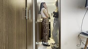 Why don't you join me in the bathroom? whispers the slutty blonde to her friend's Latina wife for taboo pussy licking