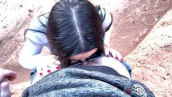 Imagine A Cute Brunette In Glasses Giving Deep Blowjob Outdoors In Beautiful Canyon Nature Setting