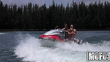 Mofos presents a hot threesome adventure on the seadoo with public action