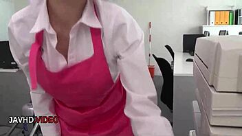 Chihiro Akino provides intense hardcore blowjob and creampie action in office setting for her Japanese milf fans