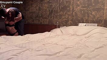 can you handle this monster cock? japanese amateur beauty in fishnet stockings gives intense blowjob handjob and swallows cumshot in hotel sex