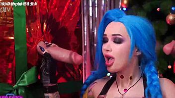 x-mas glory hole adventure unfolds as jinx cosplay babe sucks and fucks big tits bouncing in homemade costumes