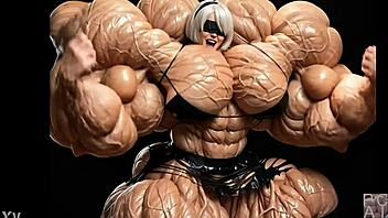 2b casually grows into a muscular giantess in this tall bodybuilder fmg ai animation with huge cartoon features
