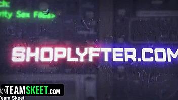 shoplifter with pierced nipples gets punished hard! clothes ripped off for rough submission in the store