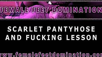 Lady Scarlet dominates with interracial lesbian dildo fucking and pantyhose foot smelling on BBW ebony.