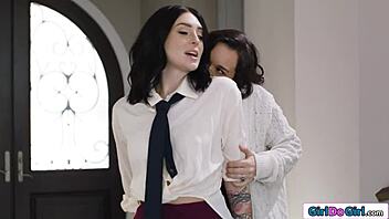 tattooed waitress experiences strapon play with dominant mature woman in intense session