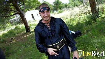 Muscular guy meets blonde woman for outdoor adventure in the forest