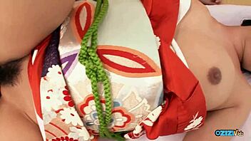 Erotic Asian Brunette Poses in Kimono and Gets Filled with Creampie Urge