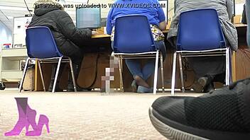 Wife Candid Shoeplay At Library With Flats Coffee Nylon Socks