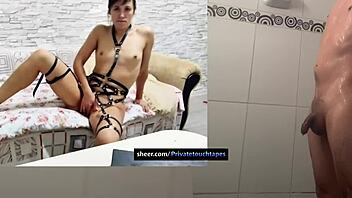 Unsatisfied muscular wife in fishnets masturbates her puffy natural tits and pussy like a sensual bodybuilder at home.