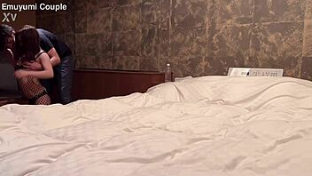 can you handle this monster cock? japanese amateur beauty in fishnet stockings gives intense blowjob handjob and swallows cumshot in hotel sex