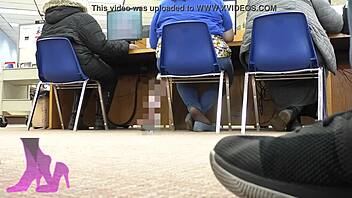 Wife Candid Shoeplay At Library With Flats Coffee Nylon Socks