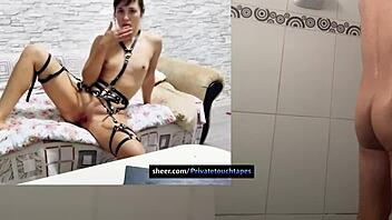 Unsatisfied muscular wife in fishnets masturbates her puffy natural tits and pussy like a sensual bodybuilder at home.