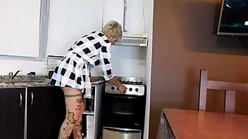 Tattooed milf slut gets deepthroat blowjob and assfucking with monster cock until cum.