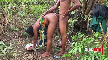 A young 18+ man on the ranch seduces and passionately engages with a village girl outdoors in the bush, exploring doggystyle and natural hairy details in this amateur adventure