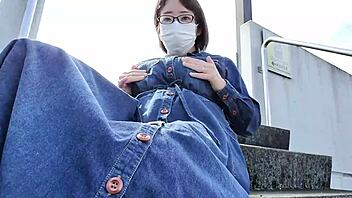 Married chubby Japanese woman with big tits masturbates outdoors in full wedding video for intense pleasure