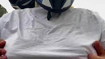 Motogirl rider grabs passenger and asks him to rub her chest while driving