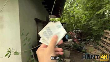 Hunter enjoys outdoor sex with hot brunette Czech gypsy riding in shaved pussy cowgirl