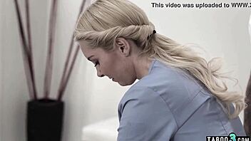 Teen blonde gets tricked into petite fucking by masseuse and her perv husband during massage