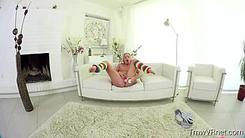 Blonde teen says no to underwear while using vibrator on shaved pussy in solo reality scene