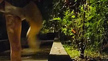 Shemale Ting Xuan outdoors peeing and masturbating in park after removing underwear