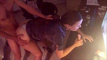 In a homemade video, sexy French blonde in satin lingerie gives rimjob and gets fucked doggystyle in POV.