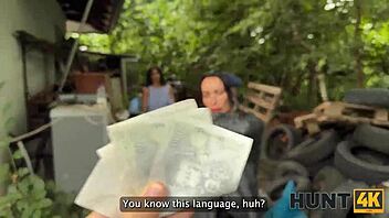 Hunter enjoys outdoor sex with hot brunette Czech gypsy riding in shaved pussy cowgirl