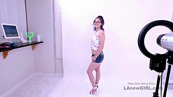 Purple-haired model participated in a casting session with an intimate interview and massage