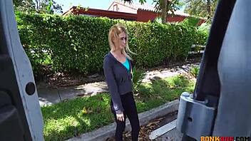 Blonde teen Lilli Dixon cleverly outsmarts the hustler, leading to hardcore blowjob and doggystyle sex with facial cumshot.