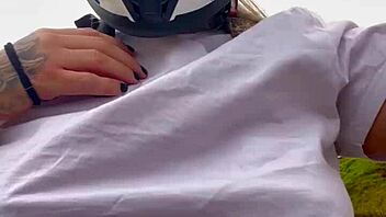 Motogirl rider grabs passenger and asks him to rub her chest while driving