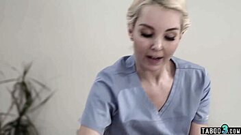Teen blonde gets tricked into petite fucking by masseuse and her perv husband during massage