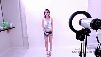 Purple-haired model participated in a casting session with an intimate interview and massage