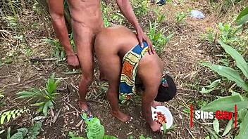 A young 18+ man on the ranch seduces and passionately engages with a village girl outdoors in the bush, exploring doggystyle and natural hairy details in this amateur adventure