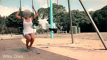 wife swinging on the playground with no panties flashing upskirt