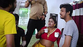 Desi bhabhi takes on four local boys in hardcore gangbang with various positions.