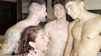 Three muscular guys ravage a sexy Latina with intense double penetration and cumshots!