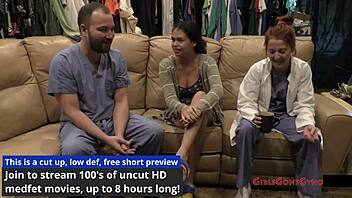 Angel Santanas undergoes her first gyno exam as the nurse spreads her shaved pussy with gloves in the hospital room