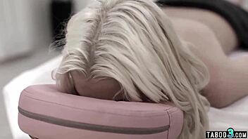 Teen blonde gets tricked into petite fucking by masseuse and her perv husband during massage